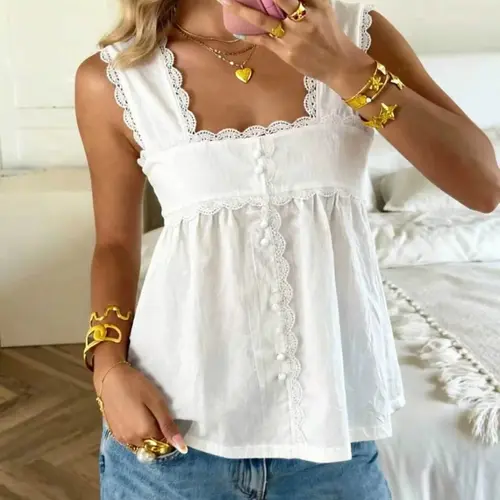French Aesthetic Summer Women's Square Neck Lace Trim Sleeveless Top, Casual Elegant Loose Fit Slimming Pure Cotton Babydoll Top