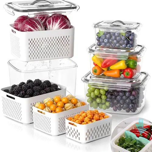 4-Pack Airtight Fruit Storage Containers for Fridge – Kitchen Set with Removable Colander, Divider, Handle, Stackable Design for Colander Wash & Store, Drain Berries Fast, Lid