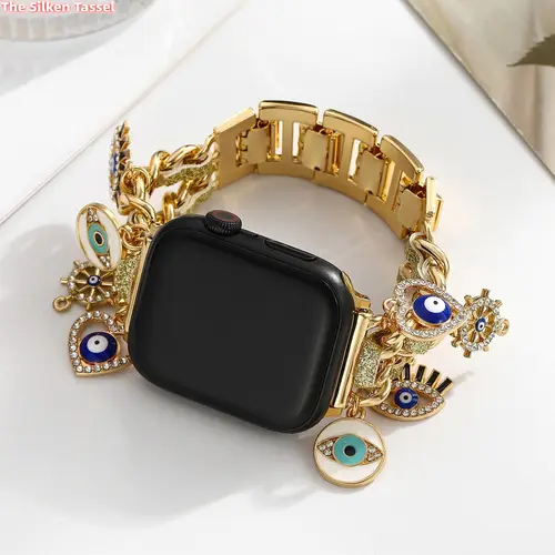 Golden Evil Eye Chic Metal Watch Band, Luxury Elegant Strap, Delicate Craft Compatible with Apple Watch 7 8 9 for Daily Fashion Casual Wear, Only Watch Band Included Wearable Chic Wristband