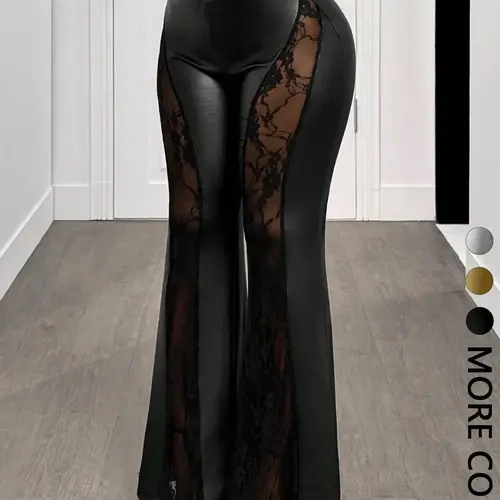 1 High Waist Lace Sheer Panel Leather Flare Pants Women | Stretchy Bodycon Bell Bottom Pants | Nightclub Party Baddie Wear | Gothic Y2K Streetwear