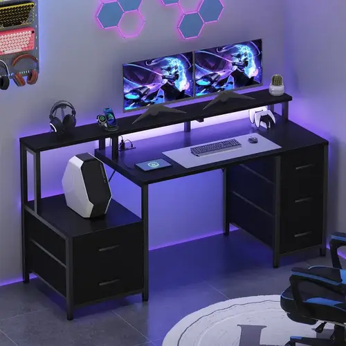 Sweetcrispy 67'' Ergonomic Gaming Office Desk for Computer Gamers, Easy Assembly Desk with 5 Drawers, Monitor Stand, LED Lights, Power Outlets, Printer Cabinet