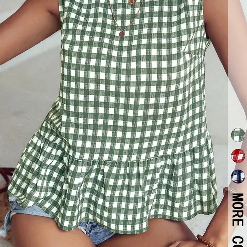 Women's Casual Aesthetic Green Plaid Print Sleeveless Top, Summer Tops Trendy Commute and Vacation Essential, Ruffled Hem Design, Perfect for Everyday Wear