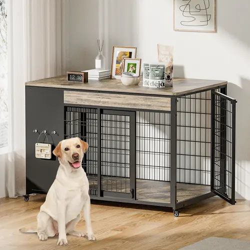 42'' Rustic Brown Double Door Coated Metal Dog Crate - Heavy-Gauge Steel Furniture-Style End Table, Raised Wood Top & Wooden Base, Soft Floor, Lockable Wheels, Hanging Feeding Tag, Easy Assembly (Toolkit Included), Water-Resistant Surface