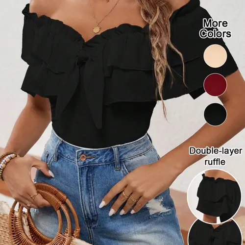 Women's Solid Color Off-Shoulder Multi-Layer Chiffon Knit Top, Casual Chic Elegant Half Sleeve Ruffle Tie Slim-Fitting Blouse