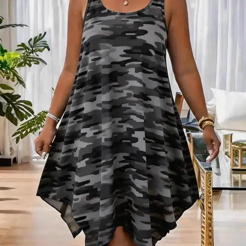 New Arrival Women's Summer Fashion Sleeveless Camouflage Print Dress, Casual Dresses, Asymmetrical Hem Casual Elegant Chic Daily Wear, Plus Size Comfortable, Breathable, Lightweight Style, Everyday, Womenswear