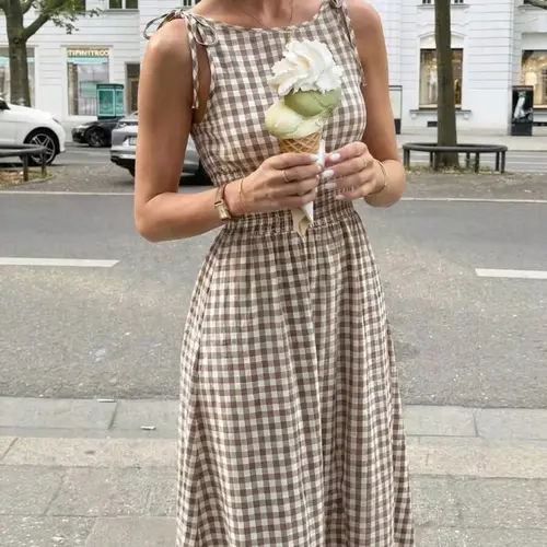 Summer New Plaid Sleeveless Womenswear Dress, High Waist Tie Design, Elegant Long A-Line Dress, Casual Classy Dress, Perfect for Casual Outing, Date, Vacation