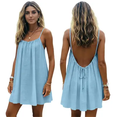 Women's Solid Color Backless Spaghetti Strap Cami Short Dress, Casual Minimalist Sleeveless Short Dress for Summer, Ladies Clothes for Beach Holiday Vacation, Backless Short Dresses, Womenswear