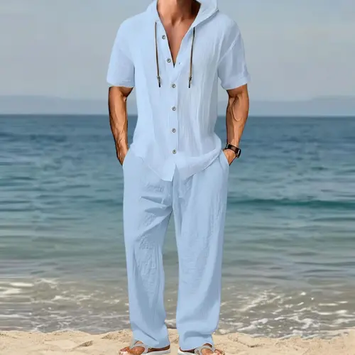 Men's 2-Piece Top Linen Texture Set - Short-Sleeved Hooded Button-Up Shirt, Drawstring Waist Wide Pants, Loose Breathable Casual Sportswear, Vacation Beach Daily Wear, Summer Lightweight Wrinkle-Resistant Fabric Set