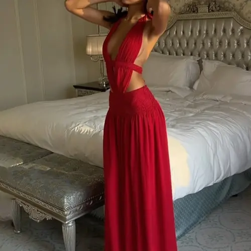 Women's Solid Color Sexy Deep V Neck Backless Halter Dress, Plain Tie-neck Lace-up Sleeveless Cut Out Patchwork Bodycon Ruched Slip Dress, Party Club Date Evening Gown Holiday Daily Casual Elegant Maxi Long Dresses For Ladies All Seasons Summer Clothes