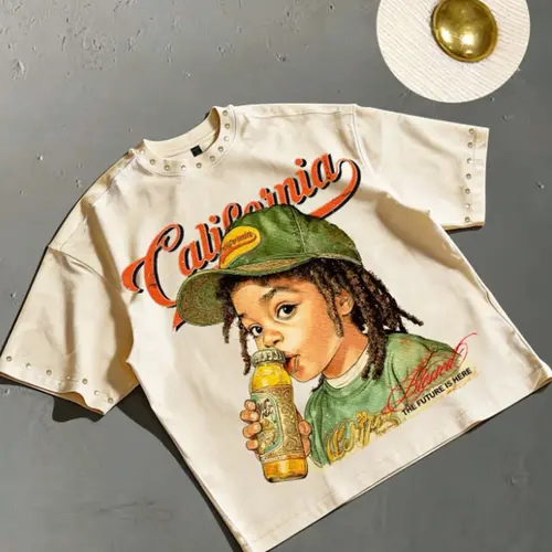 Vintage California Portrait Print Short Sleeve T-Shirt for Men, High Street Streetwear Rivet Design Aesthetic Classic Trendy Top, Casual Fitted Long Sleeve Shirt, Menswear