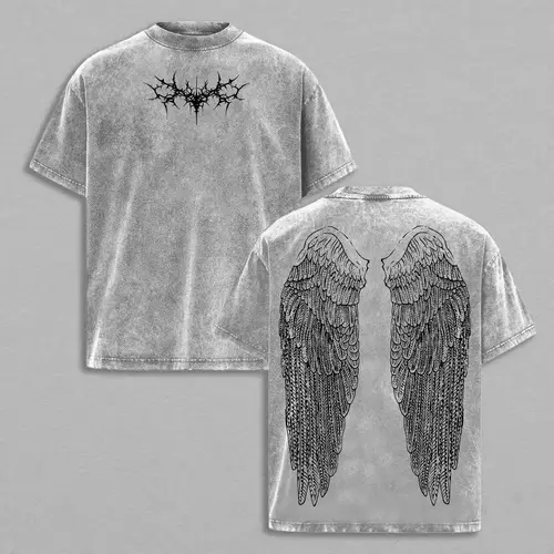 100% Cotton Washed Vintage T-Shirt Y2K Gothic Wing Graphic Tee Oversized Grunge Streetwear Anime-Inspired Dark Aesthetic Top for Menswear Tshirt Crewneck Tropical Casual, Shortsleeve, Round Neck, Vintage Graphic Tees