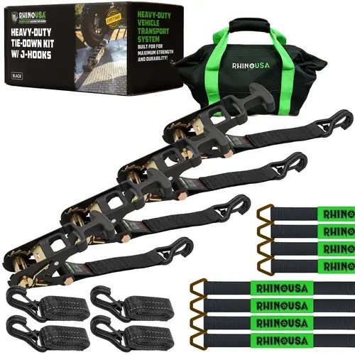 Rhino USA Car Tie Down Straps for Trailers with J Hooks (4-Pack) – 2"x8' (10,000lb Break Strength) – Heavy Duty Car Hauler Tire Straps with Axle Straps for UTV, Powersports & More