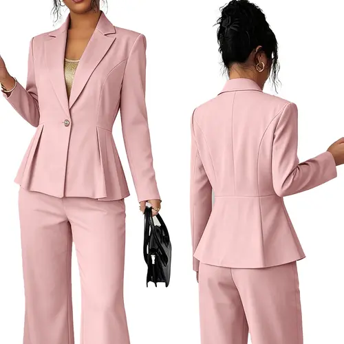 Elegant Business Casual Two-Piece Set for Women, Solid Color Blazer Jacket with Long Sleeves, Button Front Cardigan Top, Wide Leg Pants, Women Suits