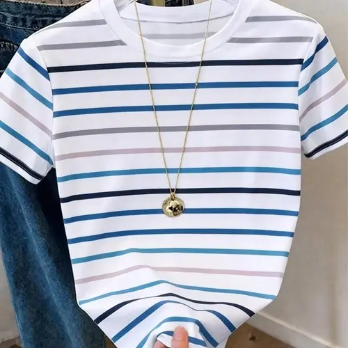 Women's Summer & Autumn Short Sleeve T-Shirt, Blue Striped Print Knitted Top, Loose Fit Casual Tee, Loose Basic Tees