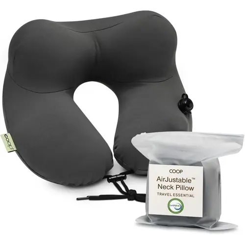 COOP Sleep Goods AirJustable Travel Neck Cushion - Inflatable Airplane Pillow (One Size, Nylon/Spandex), 6 Wearable Positions, Adjustable Cord, Cooling Machine-Washable Cover, Compact Pouch, Memory Foam Neck Care, Carryon-Packable for International Travel