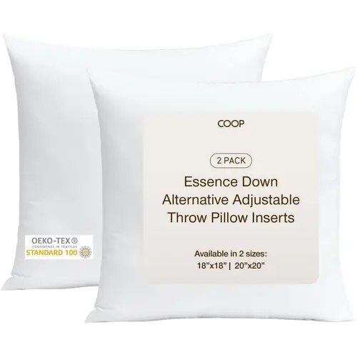 COOP Sleep Goods Essence Adjustable Throw Pillow Inserts (2 Pack) – Down Alternative Phluff Fill, Add/Remove for Custom Loft & Firmness, Decorative Square Cushions for Couch, Bed & Living Room, Machine Washable, OEKO-TEX Certified, 18x18 & 20x20, Two Piec