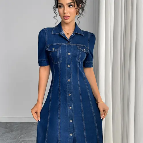 Women's Bubble Short Sleeve Denim Shirt Dress, Jean Dresses, Collar Front Button A-Line Midi Denim Dress, Summer Everyday Casual Dress for Women Lady Fit Womenswear