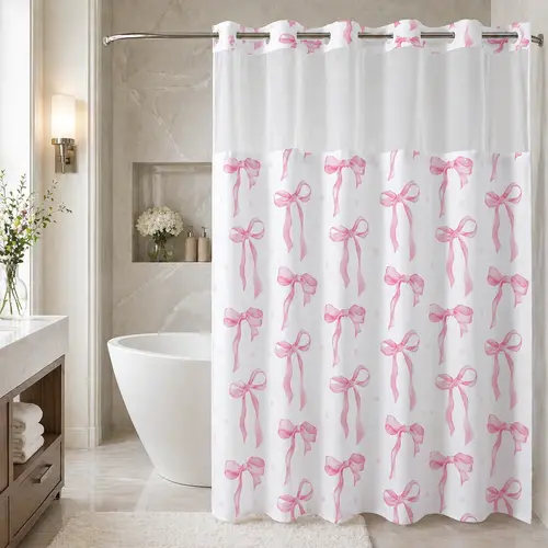 Pink Bowknot Polka Dot Shower Curtain, Sheer Mesh Top, Double Layer Hookless Bath Curtain, Sweet Style Bathroom Decor, 72 x 75 in Double-Layer