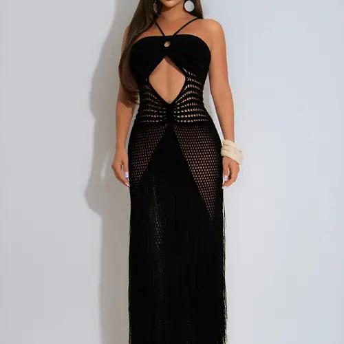 Women's Knitted Dress Slim-Fit Halter Neck, Sleeveless with Cutout Details, Sheer Solid-Color Maxi Dress. A Sexy, Waist-Cinching Knitted Dress Featuring Drawstrings and Tassels—Ideal as Beachwear, or for Parties and Nightclubs