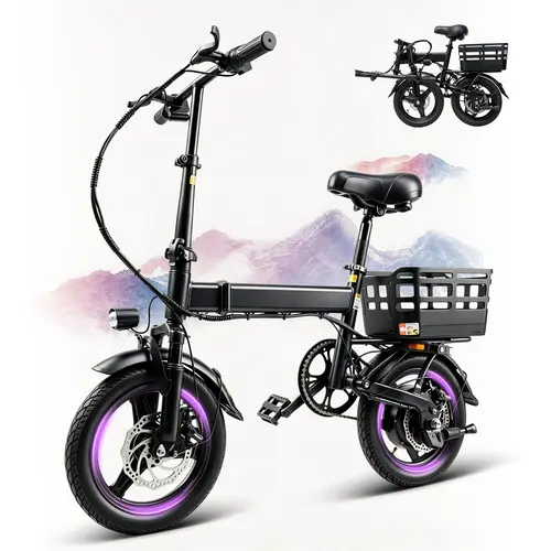 500W Peak Power Mini E-Bike, 18MPH Speed, 20 Mile Range, 36V 12Ah battery, 3 Riding Modes, 14” Folding E-Bike For Adults & Teens, City Commuter with Rear Basket, UL 2849 Certified