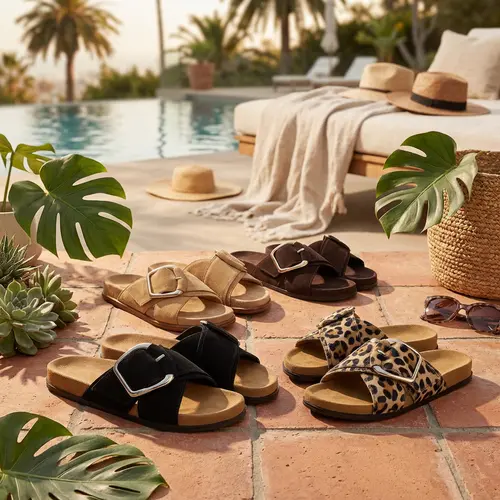 Women's Multi-Size Designer-Inspired Buckle Sandals - Suede Upper, Open Toe, Wide Foot Friendly, Casual Flat Slides with Cushioned Bed, Hook Loop Design, Oversized Buckle for Beach Vacation, Travel Wear