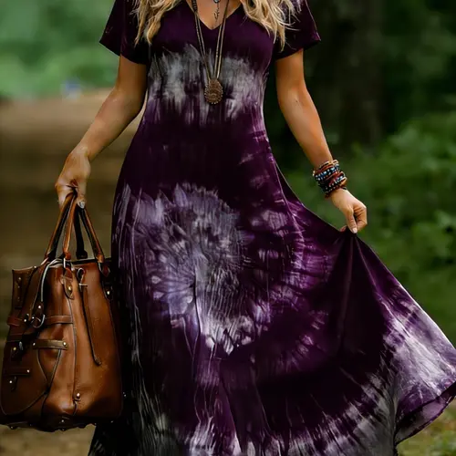Plus Size Tie-Dye V-Neck Short-Sleeve Maxi Dress Casual Loose Fit, Y2K Clothes Summer Daily Wear, Bohemian Dresses, Casual Boho Fashion, Party Casual Wear