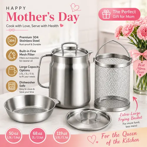 2.0L Stainless Steel Dual-Use Fry+Strain 2-in-1 Oil Strainer Pot with Basket, Kitchen Gadgets for Home Frying & Camping, Large Capacity Bacon Grease Container, Basket Lifts Debris, Dishwasher Safe