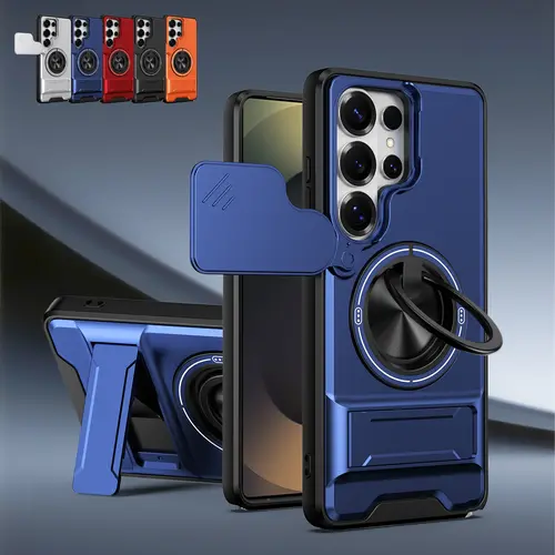 Magnetic Case Dustproof Cover for Samsung Galaxy S26 S25 S24 S23 S22 Ultra Slide Camera Lens Cover Protector,360° Rotatable Ring Kickstand, Compatible with MagSafe, Shockproof  Heavy Duty Protective Case