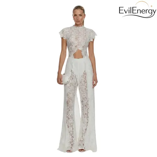 Women's 2-Piece EvilEnergy Boho Eyelash Lace Set - Lady's Fitted Buttonless Sexy Halter Crop Top with Bell Sleeves, High-Waisted Wide-Leg Pants, Lace Cut-Out Clothes for Summer Festival, Beach Vacation