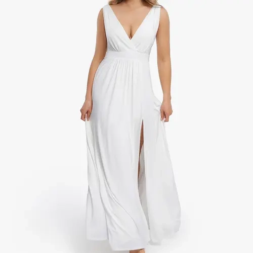 Shapewear Deep V-Neck Front Slit Goddess Maxi Dress, High Waist Slim Fit, Elegant Bodycon Evening Party Long Dress for Women