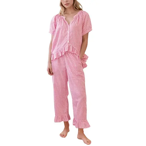 Women's 2-Piece Gingham Plaid 100% Cotton Deep V Pajama Set - Buttondown Chic Puff/Short Sleeve Babydoll Shirt, Ruffle Pants Casual Skin-Friendly Loungewear Nightwear (2-Piece PJ Set)