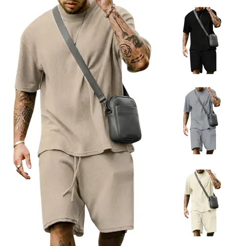 Gihuo Men's Outfits Oversized Short Sleeve T Shirt & Shorts Set Summer Casual Tracksuit Vintage Breathable Elastic Loose Loungewear Matching T-Shirt