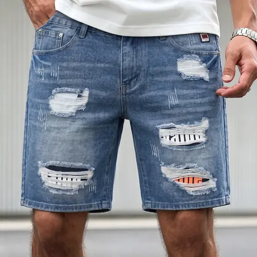 Men's Non-Stretch Distressed Patchwork Retro Straight Denim Shorts - Red Black Plaid Patches, Pockets, Embroidered Flannel Accents, Grunge Punk Streetwear, Breathable Cotton, Spring Summer Vintage Outfit, Men's Shorts, Chunky, Soft, Oversized