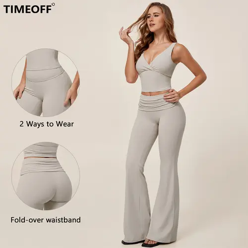 TIMEOFF Women's 2-Piece Stretchy Activewear Set - V-Neck Twist-Front Wrap Crop Tank Top & Fold-Over Waist Flare Leggings with Waist Stays Put for Yoga, Pilates, Athleisure, 2 Piece Sets