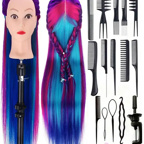 26-inch human head model with hair for hairstyle design training, head model practice, beauty doll head styling, hairdressing training, braiding headband, and braiding kit, Mannequin Head