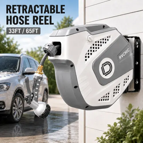 RVCHIC 33FT/65FT Retractable Garden Hose Reel, Wall Mounted Auto Rewind Water Hose Reel with 180° Swivel Bracket, Slow Return System, 9-Pattern Spray Nozzle, Brass Fittings for Car Washing, Yard, Patio, Garden & Pet Cleaning