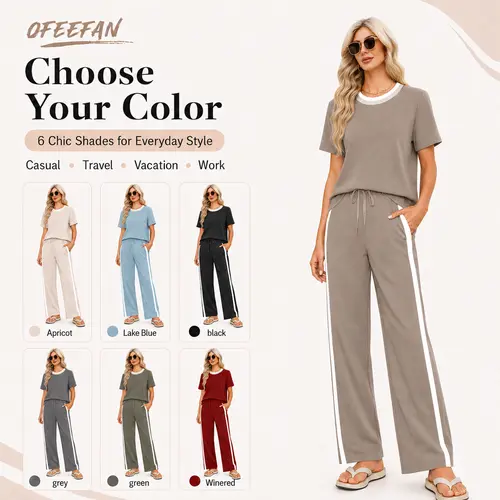 OFEEFAN 2 Piece Lounge Sets for Women Matching Set Summer Outfits Short Sleeve Tops Wide Leg Pants with Pockets