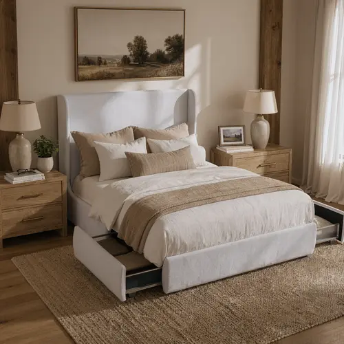RECCI Wingback Bed Frame with 2 Storage Drawers, 52” Tall Headboard, Upholstered Platform Bed, Heavy Duty, No Box Spring Needed, Bed Frames, Queen Bed Frame,dorm essentials,home decor