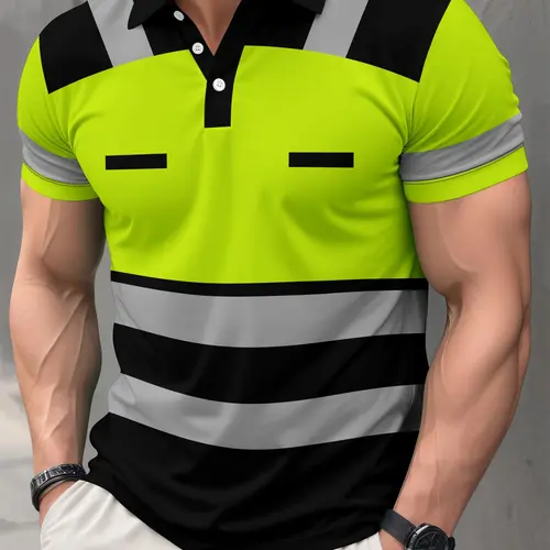 Men's Fluorescent Striped Short Sleeve Polo Shirt, Soft Breathable Casual Sport Daily Top, Sporty Polo Top, Comfortable and Stylish