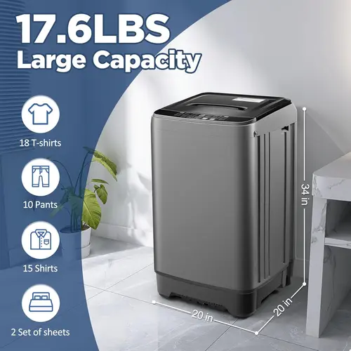 YASHE 17.6Lbs Portable Washing Machine Full-Automatic Compact Washer with Drain Pump 10 Programs 8 Water Levels LED Display for Apartment RV Dorm Grey