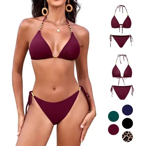UMIPUBO Women's Triangle Bikini Set Halter Neck Beaded Straps Tie Side Golden ball chain Two Piece Swimsuit Ladies Swimwear