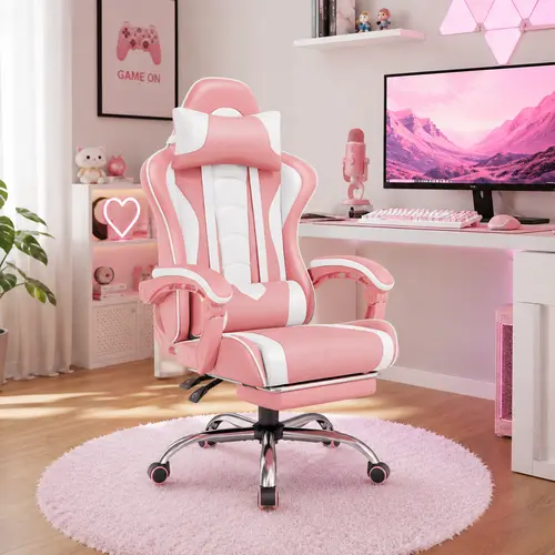 Costoffs Ergonomic PU Leather Gaming Chair - Racing Wheel Base, Height-Adjustable Cushioned Furniture, Rolling Mute Castors, Footrest Relax, Massage Lumbar Pillow, 135° Reclining Backrest, Head Pillow, Padded Armrests (Sweet Pink) for Gamers, Dorm Room