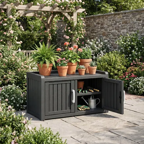 2-Tier Storage Bench for Families - Water Resistant, UV-Resistant, Weathertight Outdoor Multi-Function Cabinet with 2 Doors, Adjustable Shelves, Ample Shoe Storage for Patio, Entryway Use