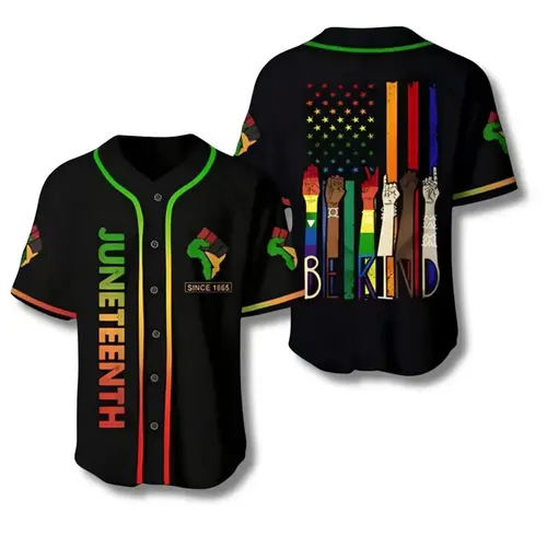Juneteenth Be Kind Baseball Jersey, Pan African Colors Raised Hands Graphic, Since 1865 Cultural Pride Design, Unisex Button Up Streetwear # TikTokMadeMeBuyIt # Juneteenth # CulturalPride # StreetwearFashion