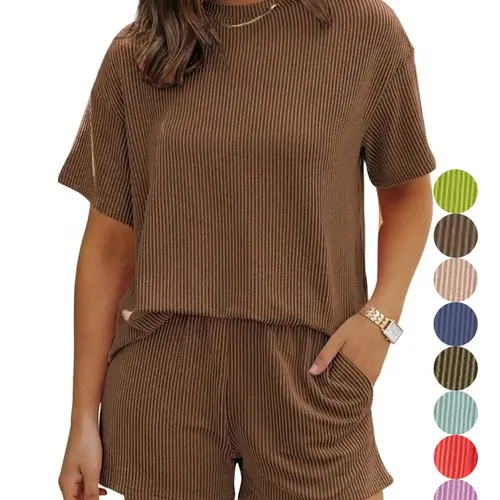 Women's Solid Soft Twisted Ribbed Knit Textured Pocket Shorts Set, Casual Short Sleeve T-shirt & Elastic Waist Shorts, Ladies Summer Clothes for Daily Wear