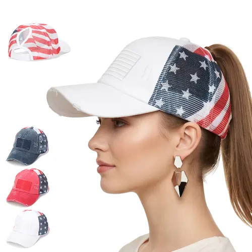 Women's Ponytail Trucker Cap, Retro Distressed USA Flag Mesh Hat with Easy Fit for Summer Streetwear & Outdoor Sports (1/3 Pack), Classic Trucker Hat, Retro Trucker Street Look