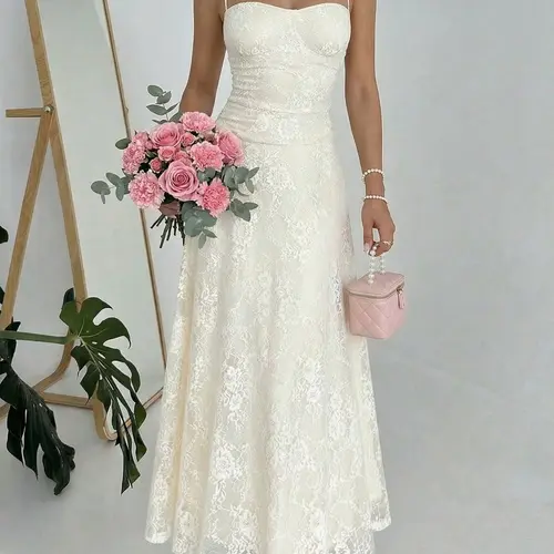 Women's Romantic Floral Lace Knitted Lightweight Long Dress, Elegant Formal Spaghetti Strap Sweetheart Neck A-Line Dress, Ideal for Vacations, Travel, Cocktail Parties & Banquets