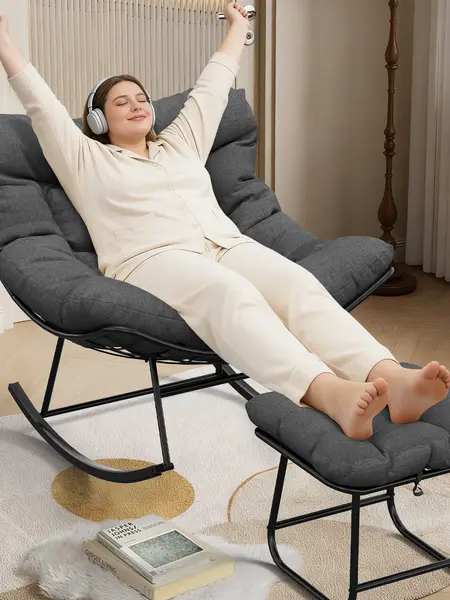 Outdoor Oversized Papasan Rocking Chair with Footrest & Ottoman Sturdy Metal Frame Patio Rattan Egg Rocker for Balcony Backyard Porch Bedroom White