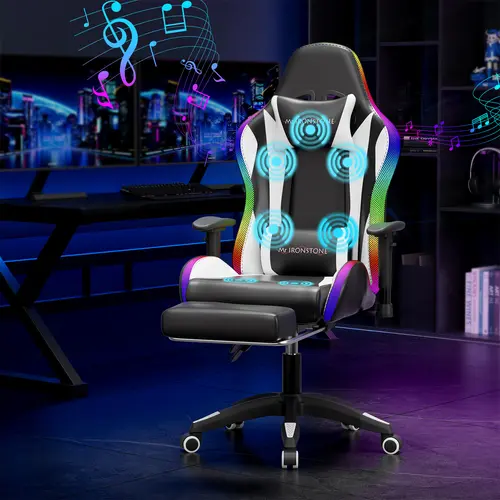 【Music Chair】Mr IRONSTONE Gaming Chair with Speakers and Led Lights Ergonomic 7-Point Massage Computer Gaming Chair with Broaden Cusion and Footrest High Back Video Game Chair for Adults Kids Boyfriend Father's Gift, Blue Black and Pink