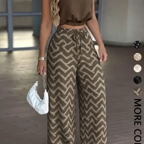 Women's 2-Piece Casual Office Sleeveless Collared Short Crop Top + High-Waisted Adjustable Drawstring Wide Leg Pants, Daily Wear Essential Set
